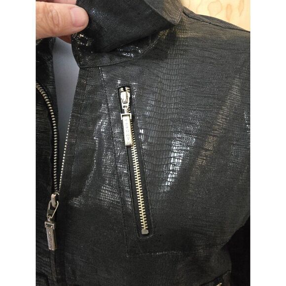 Hamnett Black Faux Leather Cropped Jacket W Zipper Details Textured Pattern VTG - Picture 7 of 15